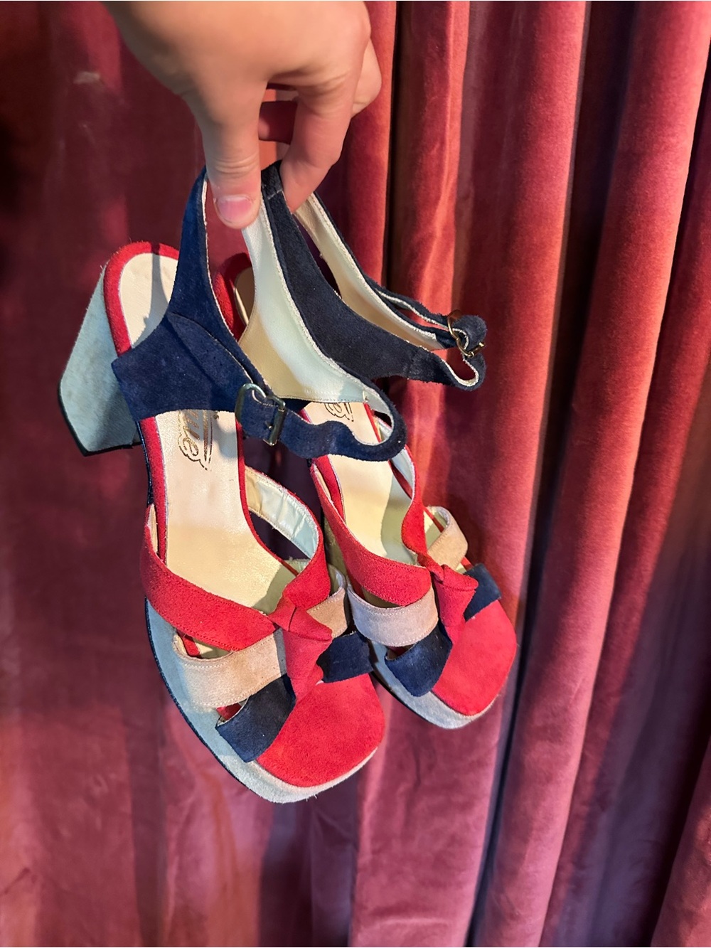 Vintage 70s Vogue Red Navy Cream Suede Platform Heel Sandals